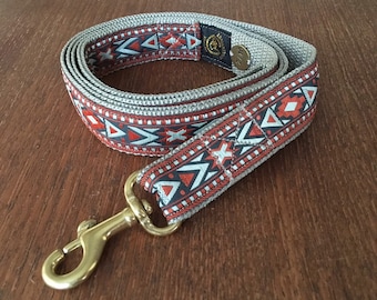 Luxury Red and Gold Southwest dog leash. Graphic tribal pattern sewn with golden thread. Golden solid brass snap hook