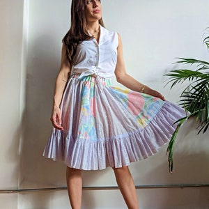 Vintage 90s Pastels eyelet and floral shabby chic handmade full A line Skirt with lace | boho 1990s  100%  cotton