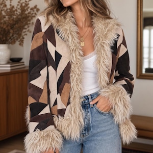 Vintage Y2K does 70s Patchwork Leather Coat | Boho Fur Trim Jacket Hippie Suede Patchwork  | Retro Festival Coat | Bohemian Outerwear