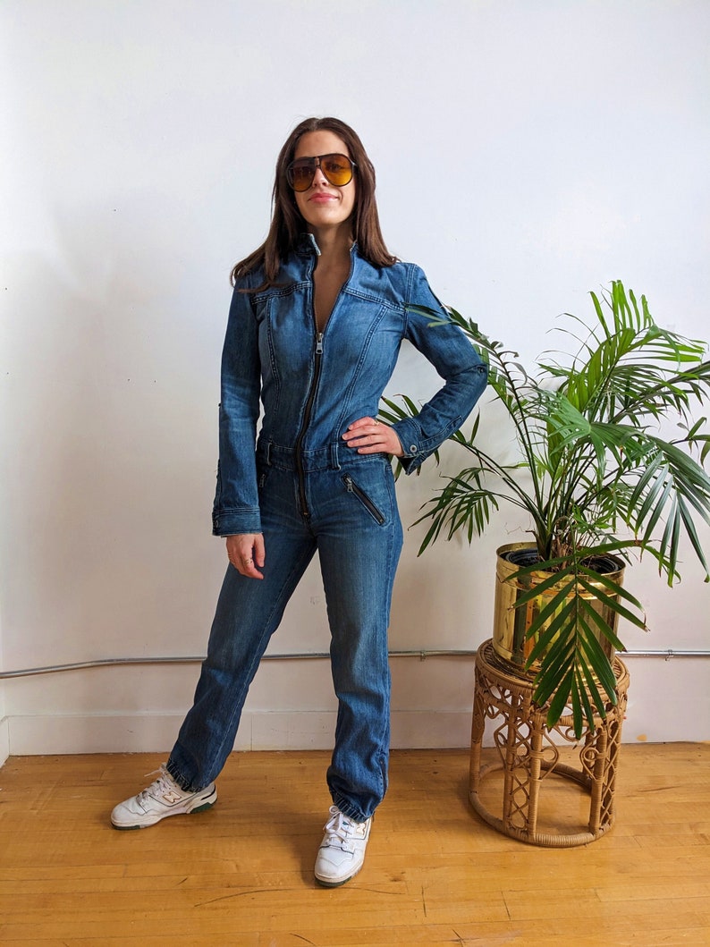 Armani Exchange early 2000s Y2K denim jean jumpsuit zip front style cinched and zipper leg size funky retro Coverall flight suit 画像 1