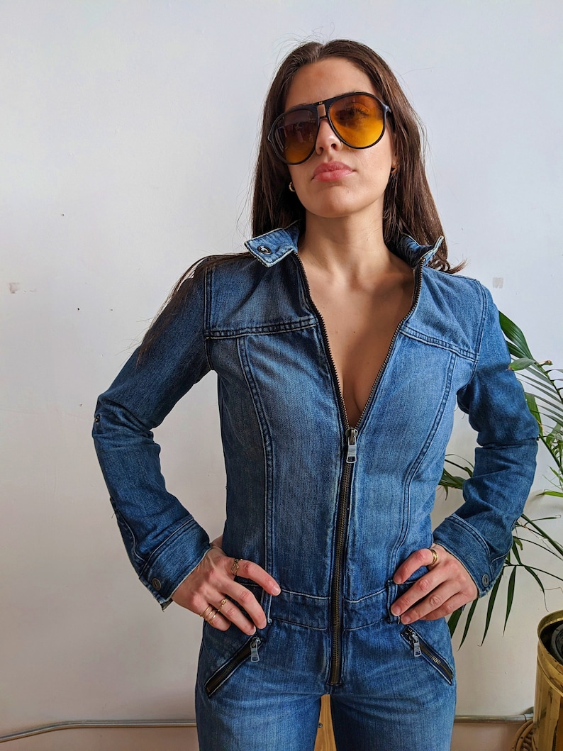 Armani Exchange primi anni 2000 Y2K jean jean jumpsuit zip front style cinched e zipper leg size funky retrò Tuta di volo in tuta immagine 2