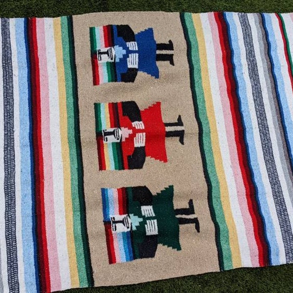 Vintage Oaxacan mexican tapestry Rug / blanket rainbow multi colour ~ Southwestern Mayan Decor