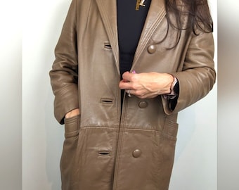 Vintage leather Taupe brown Trench style Jacket unisex Coat relaxed fit
