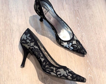 Stuart Weitzman Black Lace Heels - Pointed Toe, Size 9.5