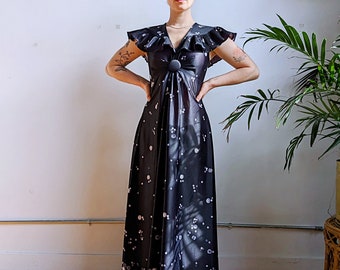 Retro vintage Black 1960s /70s polyester bubble pattern Frill neck groovy maxi Dress  Xsmall SHIPS FREE