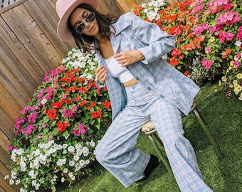 Vintage blue and pink plaid Retro Polyester 1970s suit flared leg ,disco collar  |  vintage VTG workwear |  oversized Suiting menswear