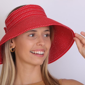 Sun Visor Woman, Foldable Roll-up Straw Visor, Wide Brim Visor with Bow Back , Sports Visor,  Summer Boho Visor Style, UPF 50+ protection