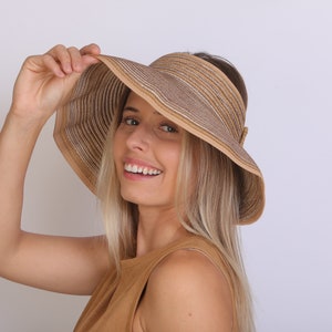Sun Visor Woman, Foldable Roll-up Straw Visor, Wide Brim Visor with Bow Back , Sports Visor,  Summer Boho Visor Style, UPF 50+ protection