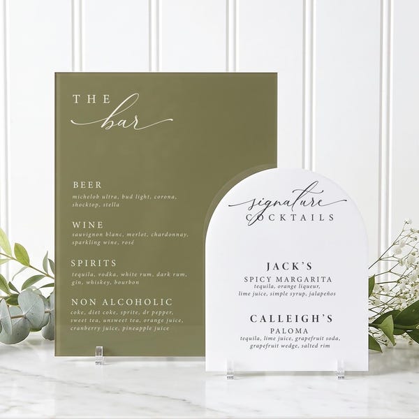 Custom Acrylic Wedding Bar Sign Set | Menu, Signature Cocktails, Bar Signs
