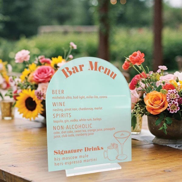 Custom Acrylic Wedding Bar Menu Sign, Signature Cocktails