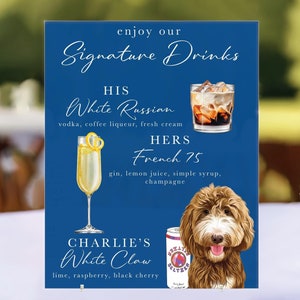 Pet Portrait Signature Drink Sign, Cartoon Dog Bar Drink Sign, Custom Wedding Pet Table Sign, Bridal Shower Sign, Acrylic Bar Menu Signage