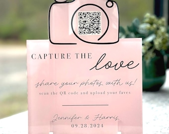 QR Code Wedding Sign, Acrylic Cutout Capture the Love Wedding Table Signs, Modern Minimalist Rustic Wedding Shower Sign Signage