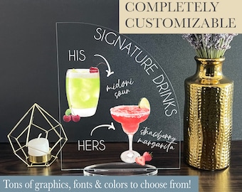 Signature Drinks Custom Acrylic Wedding Sign, Wedding Table Bar Menu Signs, Modern Minimalist Rustic Wedding Shower Sign Signage, A40 16