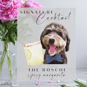 Pet Portrait Signature Drink Sign, Cartoon Dog Bar Drink Sign, Custom Wedding Pet Table Sign, Bridal Shower Sign, Acrylic Bar Menu Signage