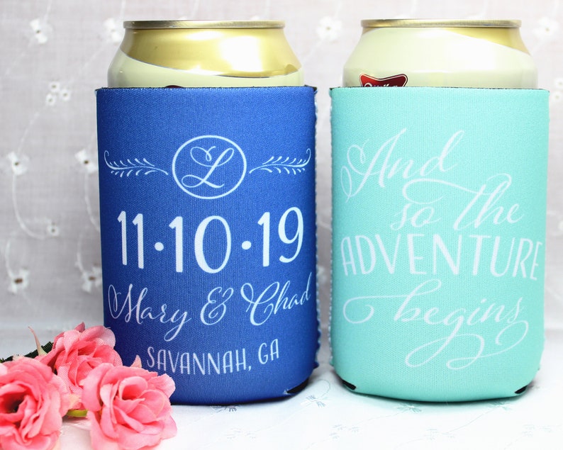 Personalized Wedding Can Coolers The Adventure Begins Personalized Wedding Favors Funny Custom Wedding Can Coolers Neoprene Can Coolers