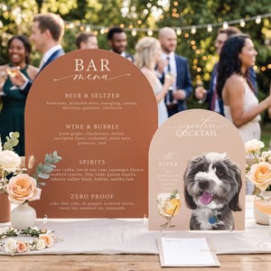 Personalized Arch Acrylic Wedding Bar Sign Set with Pet Portrait | Signature Drinks