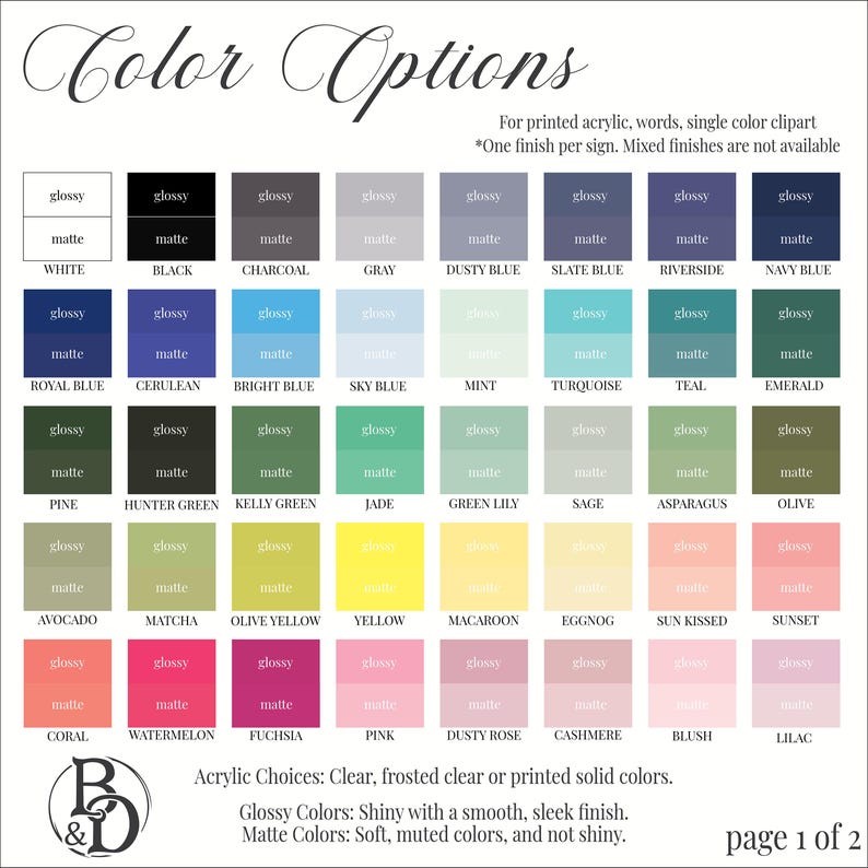 color chart for acrylic menu sign
