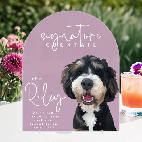 Custom Pet Portrait Signature Drink Acrylic Wedding Bar Sign