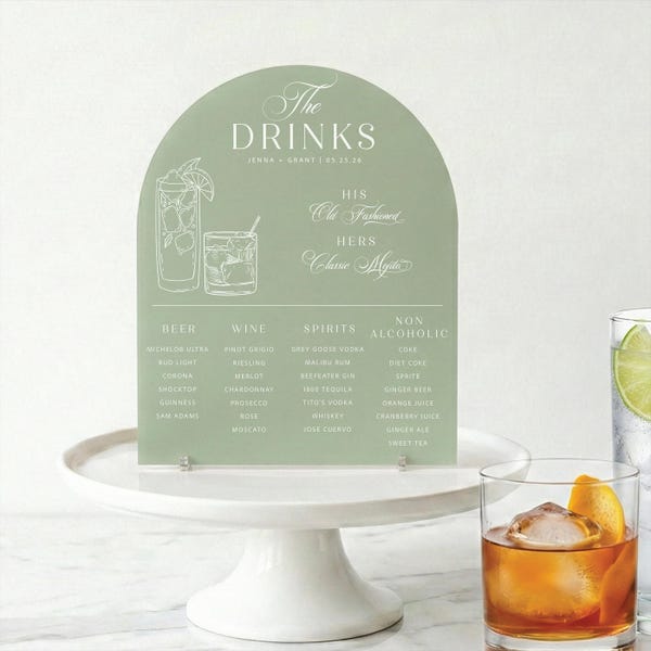 Arched Acrylic Wedding Signature Drink Sign | Custom Bar Menu