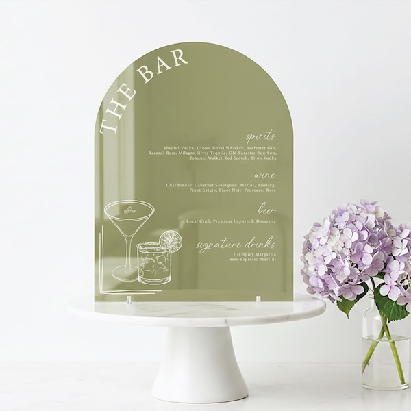 Arched Acrylic Bar Menu Sign, Wedding Signature Drinks Sign
