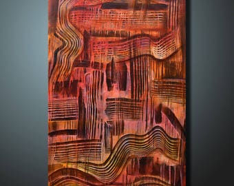May include: Abstract painting with textured layers of red, orange, and brown paint. The painting has a layered, dimensional look, with raised lines and ridges.