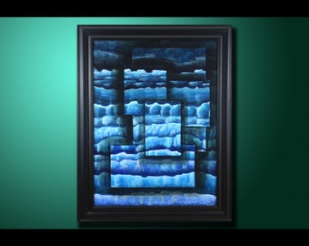 May include: Abstract painting in shades of blue, with a geometric pattern of overlapping squares and rectangles. The painting is framed in a black frame.