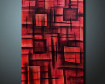 May include: Abstract painting with a geometric design in shades of red and black. The painting features overlapping squares and rectangles, creating a sense of depth and movement.