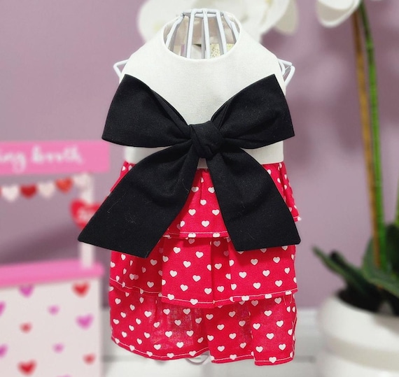 Black & Red with White Hearts Ruffle Dog Dress with White Bow