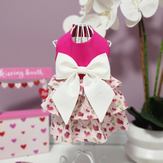 Roses & Hearts Ruffle Dog Dress with Fuschia Top and White Bow - Pet Apparel Made to Order