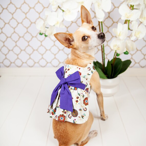 Royal Vine Medallion Dog Dress with Purple Bow - Elegant Dog Apparel