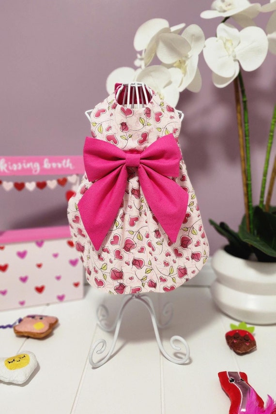 Pink Roses & Hearts Dog Dress with Fuchsia Bow - Pet Apparel Made to Order