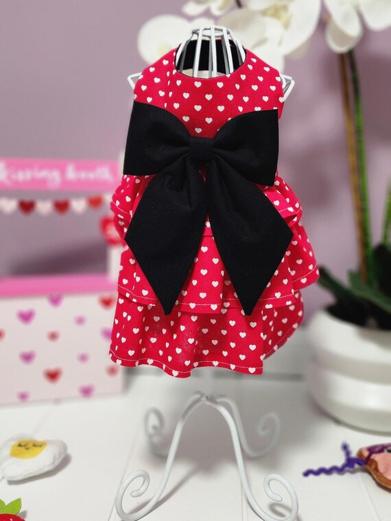 Red with White Hearts Ruffle Dog Dress with Black Bow