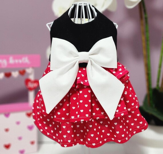 Black & Red with White Hearts Ruffle Dog Dress with White Bow