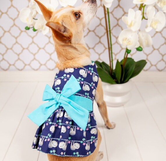 Slothy Blue Serenity: Sloth Print with Teal Bow Dog Dress - Handmade Cotton Pet Apparel