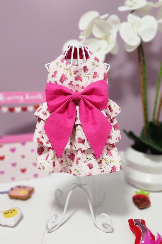 Pink Roses & Hearts Ruffle Dog Dress with Fuchsia Bow - Pet Apparel Made to Order