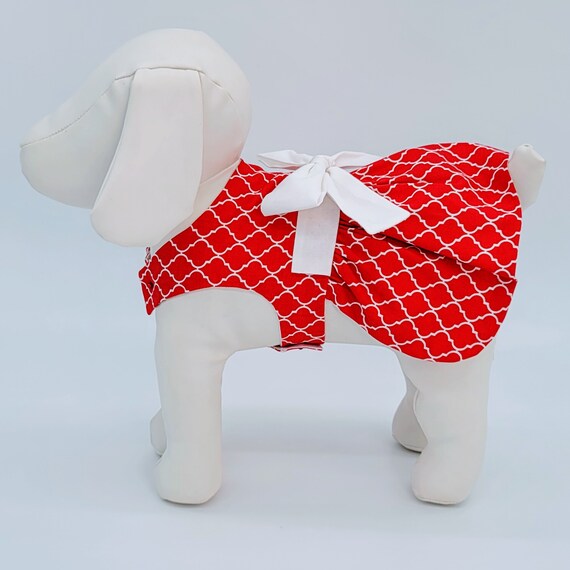 Red & White Eaton Squares Dog Dress with White Bow