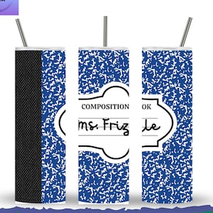 May include: Three blue and white patterned tumblers with a black and white striped tumbler. The tumblers have a white label with the text "COMPOSITION" and "ms. Friz" on one tumbler and "OK" and "le" on another tumbler.