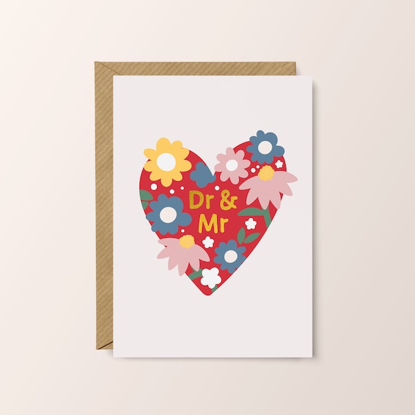 Dr & Mr Romantic Wedding Valentines Card // Red Heart Floral Gold Foil Illustration // pretty retro unique Doctor