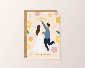Love Laughter & Happily Ever After Wedding Day Greeting Card // Floral Cute Illustration Special Wedding Day Retro Design Dancing Couple