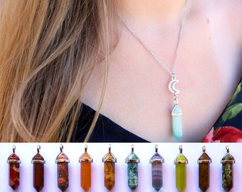 CRYSTAL GEMSTONE NECKLACE: Crystal Moon Necklace, Boho Crystal Necklace, Celestial Crystal Necklace, Witchy Necklace, Healing Crystal Stone