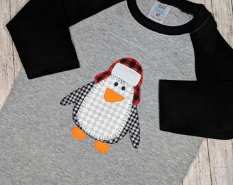 Kids Christmas Shirt - Buffalo Plaid Shirt - Penguin Shirt - Winter Shirt - Raglan - Applique - Personalized - Embroidery - Lumberjack