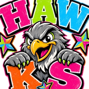 May include: A graphic illustration of a grey eagle with a yellow beak and green claws, positioned between the large, colorful text HAW and KS. The design features bright pink, lime green, and blue lettering, accented by multi-colored stars.