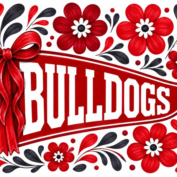Bulldogs School Spirit PNG, Floral Pennant Design, Bulldogs Mascot Shirt Graphic, Coquette Bow Sublimation Download