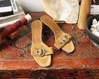 Vintage Prada Suede Mules, Golden Tan with Silver Buckle, Size 40