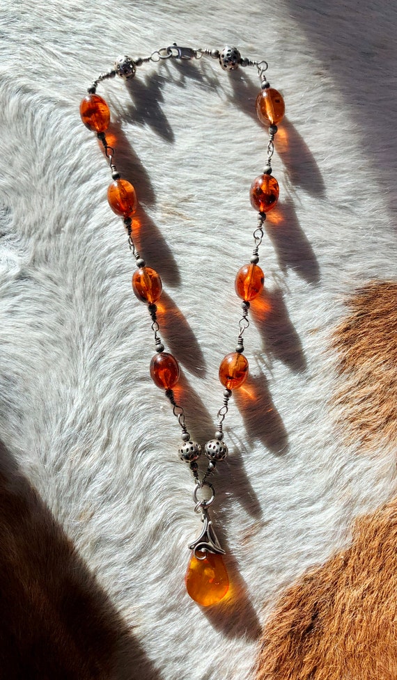 Art Nouveau Sterling Silver and Amber Necklace - I