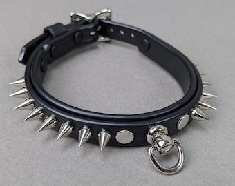 May include: Black leather collar with silver spikes and a silver D-ring.