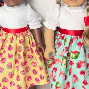 Strawberry & Watermelon Set of 2 Doll Dresses- fits 18 in dolls- fun gift, quality, handmade cotton doll clothing, made in Maine