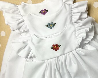Doll Pinafores Country Colors Set of 3 Plus Pantalettes- white embroidered old fashion style, fits 18 in dolls- quality handmade in Maine