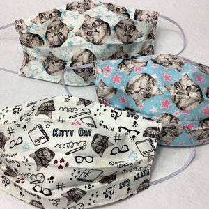 Cats Set of 3 Cotton Face Masks- kitty kitty kitty- double layer, comfortable, fun gift, made in Maine