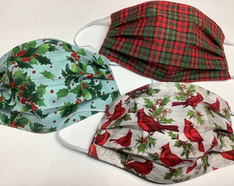 Christmas Set of 3 Cotton Face Masks- cardinals, red plaid, holly- soft, double layer, festive fun, comfortable, made in Maine